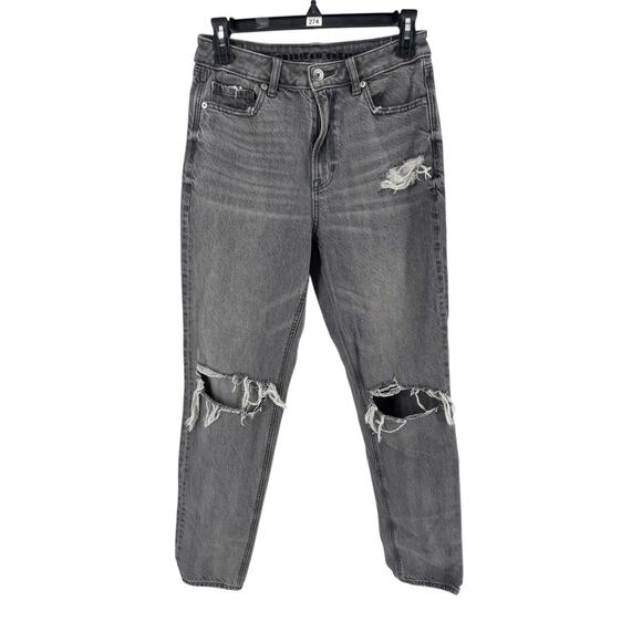 American Eagle Women's Black Gray Wash Distressed Mom Jeans Size 4 Long - Picture 1 of 5
